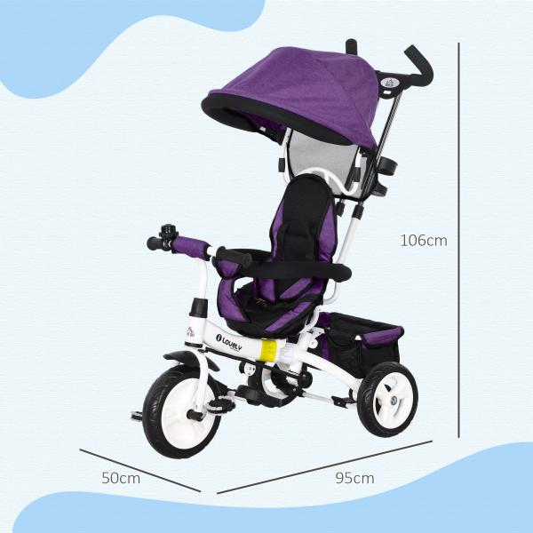 Triciclo Evolutivo para Bebés de +12 Meses 2 em 1 com Toldo Dobrável Guiador Cinto de Segurança e Cesto 95x50x106 cm Roxo