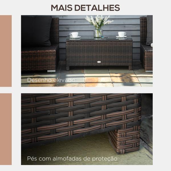 Mesa de Centro Jardim de Vime Sintético Mesa de Apoio para Exterior com Vidro Temperado 85x50x39 cm Marrom