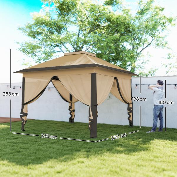 Pérgola Dobrável Exterior com Altura Ajustável Teto Duplo 4 Mosquiteiras Removíveis e Bolsa de Transporte 3,3x3,3 m Bege