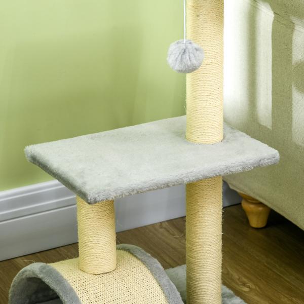 Arranhador para Gatos Médio de 3 Níveis com Postes de Sisal Placa para Arranhar e Bola Suspensa 40x35x72 cm Cinza