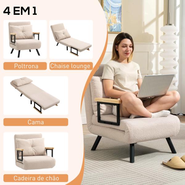 Poltrona Convertível em Cama Poltrona 3 em 1 Convertível em Cama com Encosto Ajustável em 5 Níveis 63x73x81 cm Bege