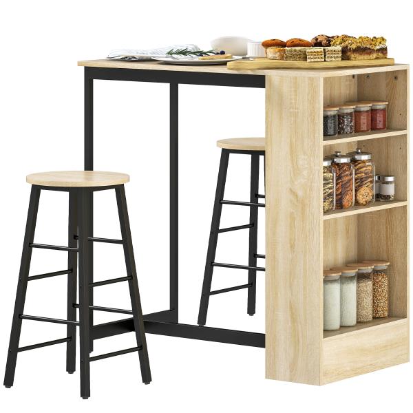 Conjunto Mesa Alta com 2 Bancos Apoios para os Pés 3 Compartimentos Prateleira Ajustável para Cozinha Carvalho