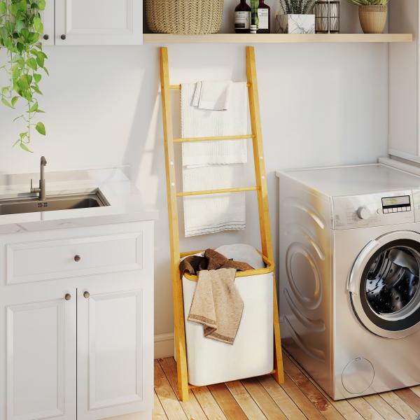 Estante para Casa de Banho de Bambu com 3 Barras e Cesto para Roupa Suja Removível de 48 L 43x35x133 cm Creme e Madeira