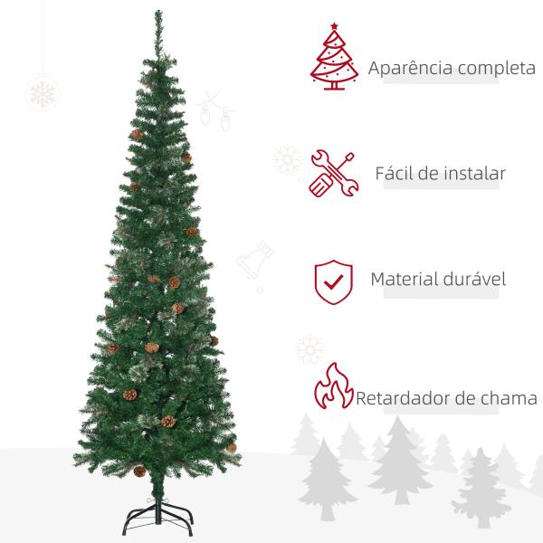 Árvore de Natal Artificial 195 cm Árvore de Natal com 556 Ramos Árvore de Natal Slim com 25 Pinhas Base Dobrável Ø54x195 cm Verde