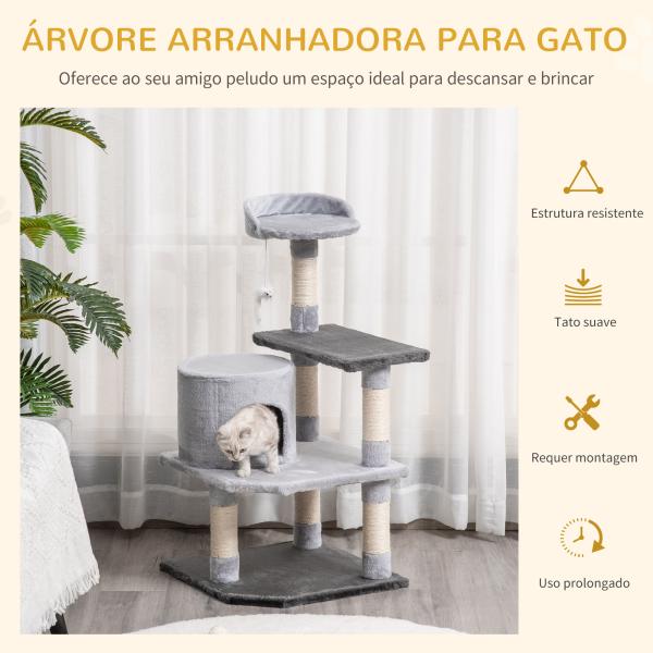 Árvore para gatos Arranhador Grande com Plataformas para Brincar coberta de Pelucía Cinza 48x48x100 cm