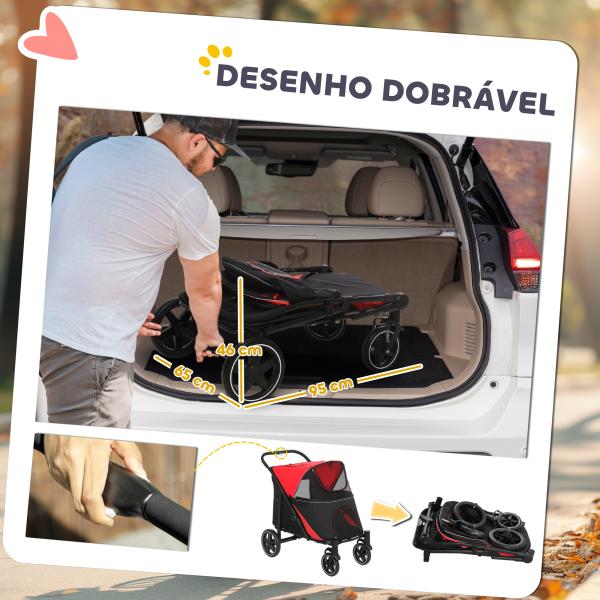 Carrinho para Cães Dobrável com Janelas de Malha Cinto de Segurança e Bolsos de Armazenamento 112x65x100 cm Vermelho