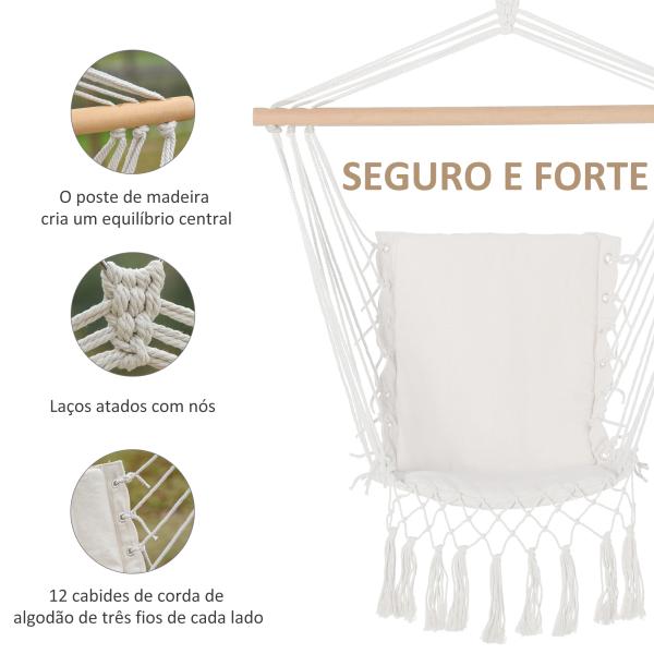 Cadeira Suspensa com Borlas Cadeira Rede Suspensa de Algodão Capacidade 120 kg Estilo Moderno para Exterior 90x50 cm Bege