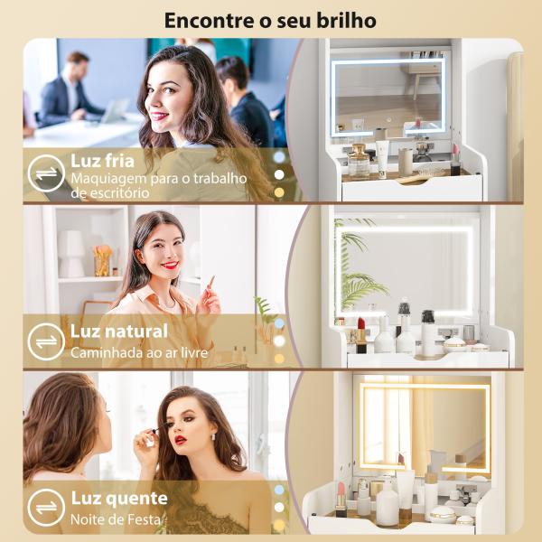 Toucador de Maquilhagem com Luzes LED de 3 Cores Espelho Rebatível e Banco Acolchoado 50x40x160 cm Branco