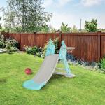 Escorrega Infantil Dobrável com Cesta de Basquetebol para Crianças acima de 18 meses Modelo Girafa para Interiores e Exteriores 140x87x75cm Azul e Cinza