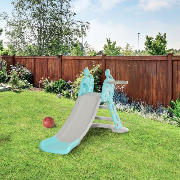 Escorrega Infantil Dobrável com Cesta de Basquetebol para Crianças acima de 18 meses Modelo Girafa para Interiores e Exteriores 140x87x75cm Azul e Cinza