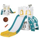 Escorrega Infantil 4 em 1 para Crianças com Cesto de Basquetebol Telescópio Escalador e Espaço de Arrumação 70x177x92 cm Amarelo e Verde