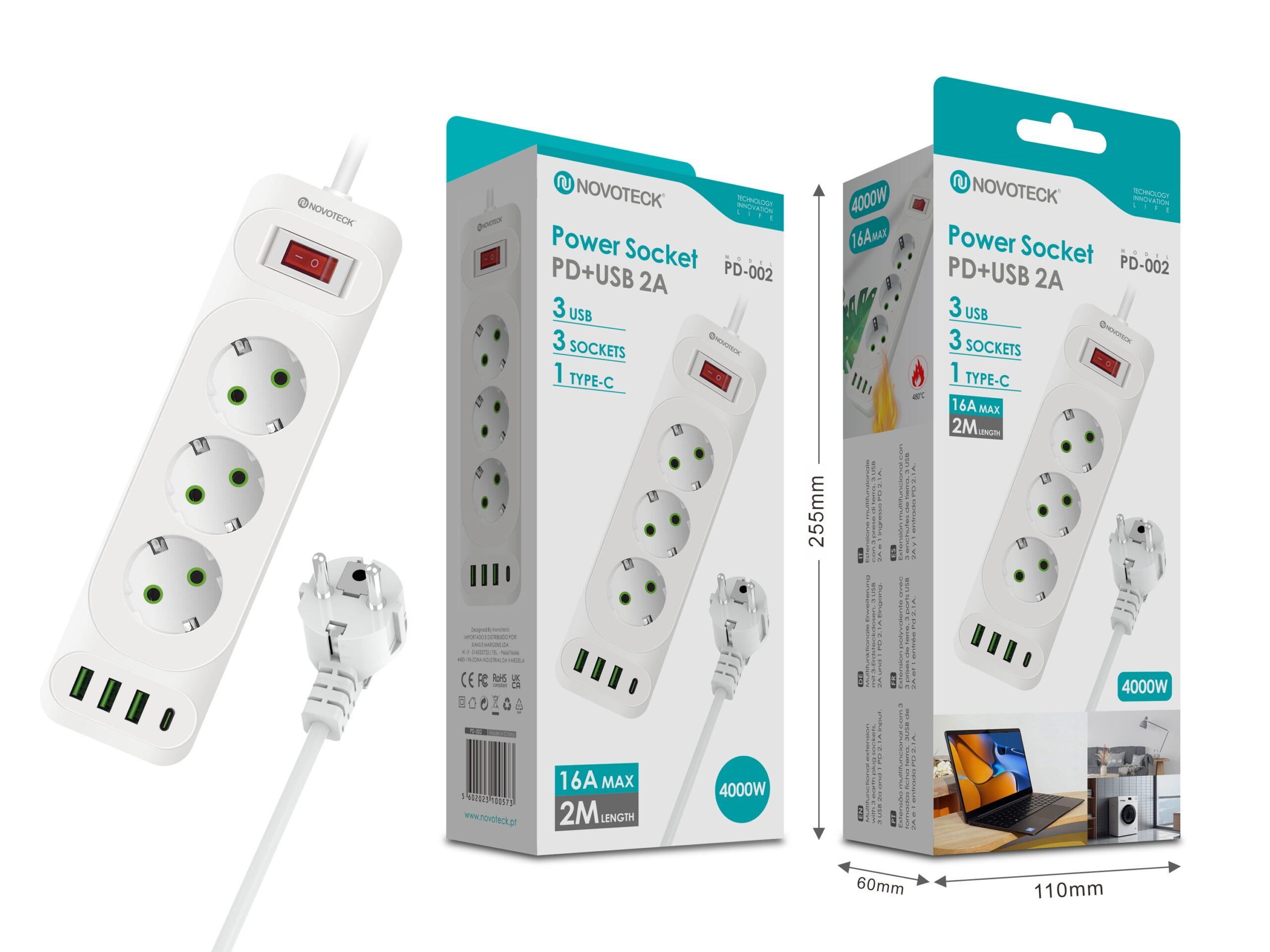 Extenção 2m com 3 tomads 3 usb 1 type - c PD - 002 16A