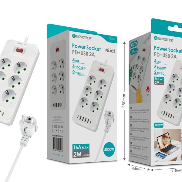 Extenção 2m com 6 tomads 4 usb 2 type-c PD-003 16A