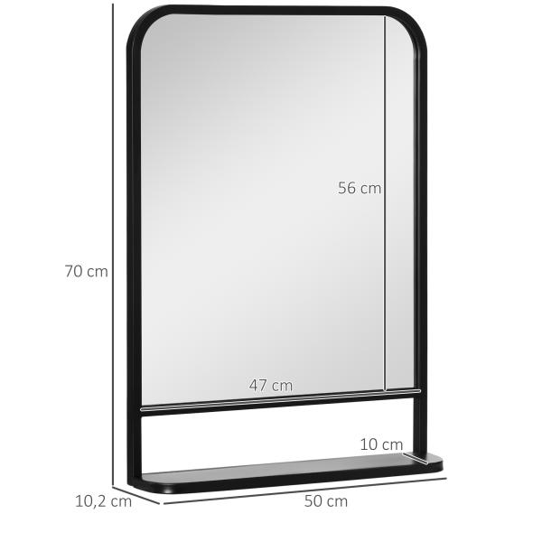 Espelho Decorativo de Parede 70x50cm Espelho Retangular de Metal com Prateleira de Armazenamento Estilo Moderno Preto