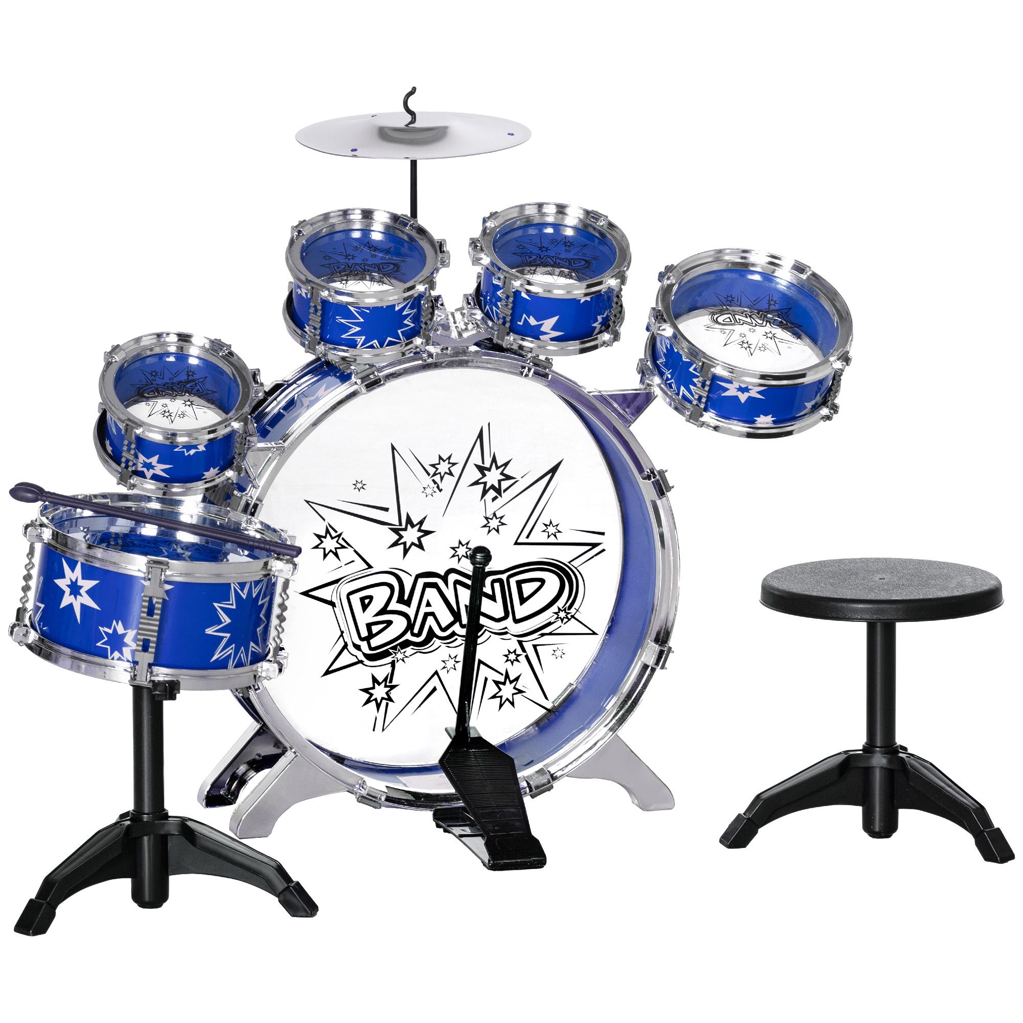 Bateria Infantil com Banco Bateria para Crianças acima de 3 Anos com Pedal e Baqueta Desenho de Estrelas 65x22x57 cm Azul