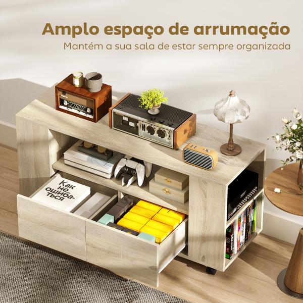 Móvel de TV com Rodas para Televisão até 42 Polegadas com 2 Gavetas Prateleiras Ajustáveis 102x34,5x48,5 cm Madeira