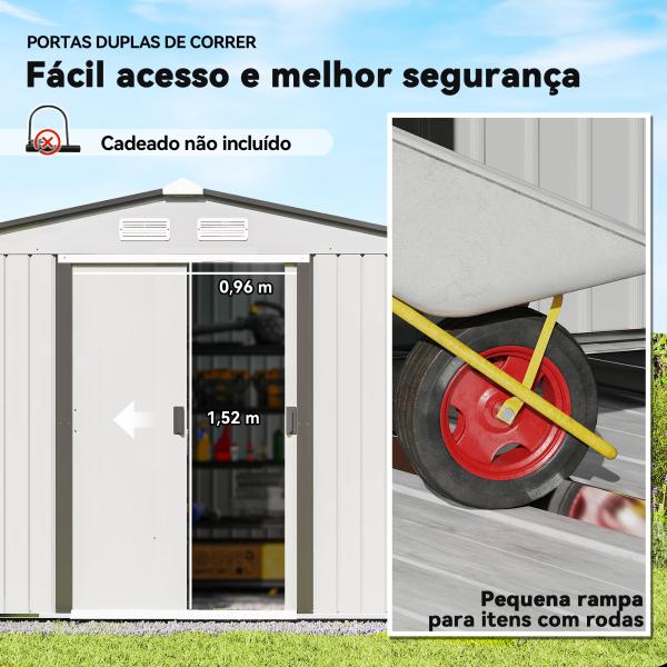 Abrigo de Jardim Exterior para Armazenamento de Ferramentas com 4 Janelas 277x195x192 cm Branco e Cinza Escuro