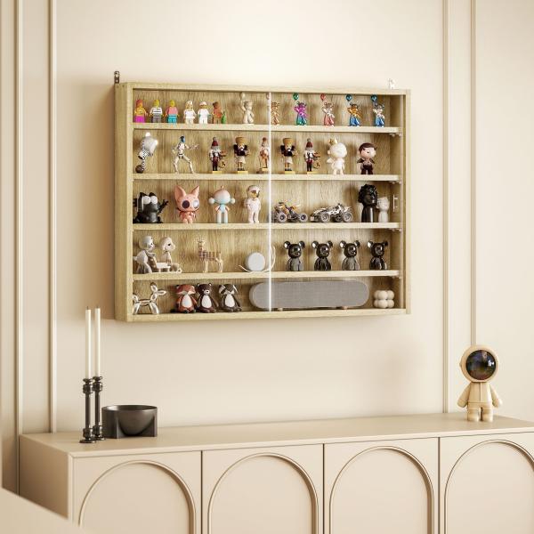 Vitrine de Parede de Madeira com Prateleiras Ajustáveis e 2 Portas Corredeiras de Vidro para Coleções 80x9,5x60 cm Carvalho