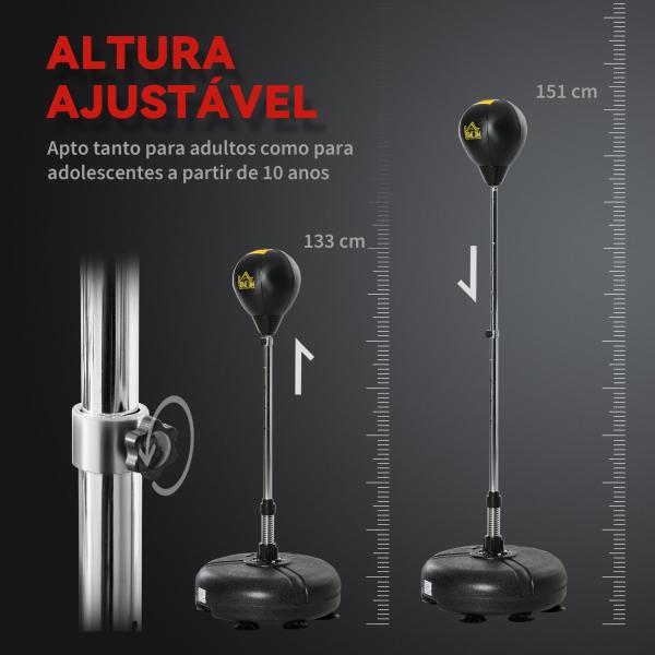 Saco de Boxe de Pé com Altura Ajustável de 4 Níveis Base Preenchida Luvas e Inflador Ø45x133 - 151 cm Preto