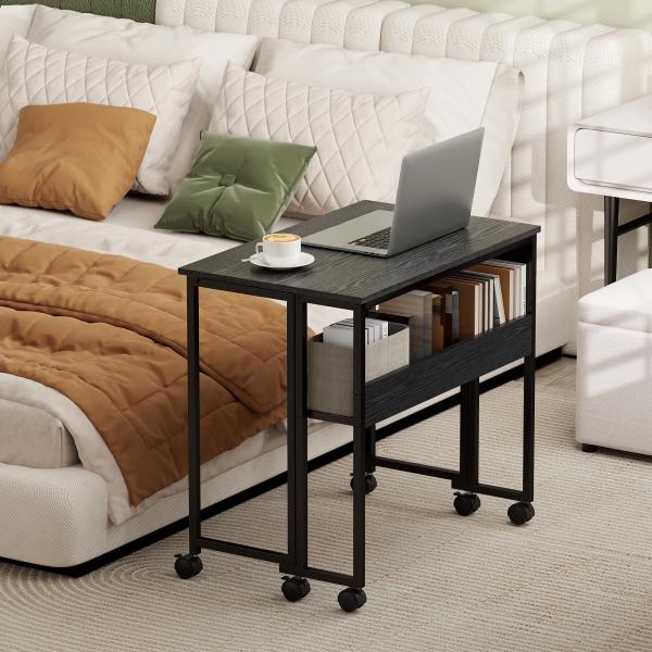 Secretária Dobrável com Rodas Prateleira e Bolso de Armazenamento Ideal para Espaços Pequenos 80x50x75 cm Preto
