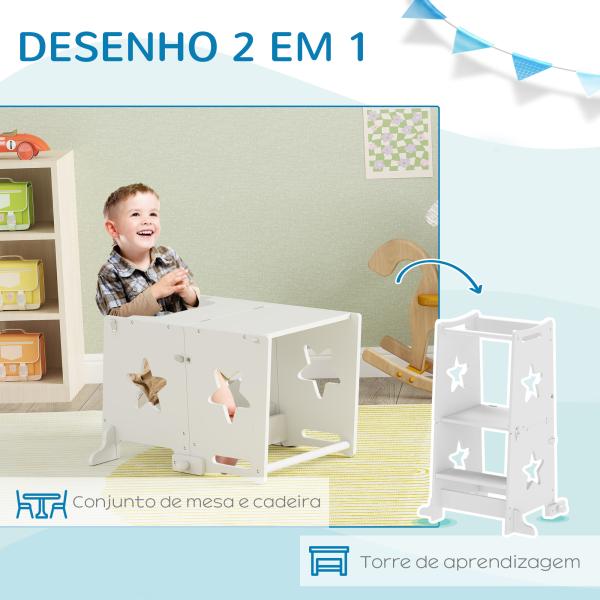 Torre de Aprendizagem 2 em 1 Torre de Aprendizagem para Crianças Convertível em Mesa e Cadeira 60x44,5x86 cm Branco
