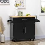 Ilha de Cozinha com Armário Portas e Prateleira Interior Ajustável Gaveta Barra e Suporte para Temperos Móvel Aparador Auxiliar com Rodas para Sala de Jantar 109x40x89cm Preto