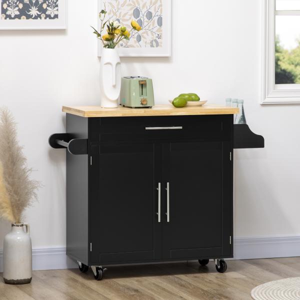 Ilha de Cozinha com Armário Portas e Prateleira Interior Ajustável Gaveta Barra e Suporte para Temperos Móvel Aparador Auxiliar com Rodas para Sala de Jantar 109x40x89cm Preto