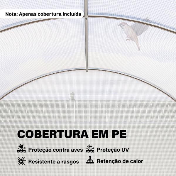 Cobertura de Estufa de Túnel 6x3x2m Cobertura de Substituição de Estufa com 12 Janelas e Portas Enroláveis Branco