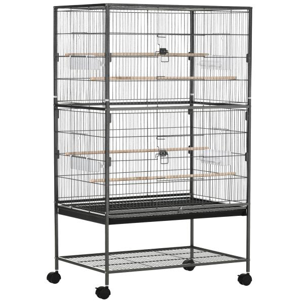 Gaiola para Pássaros com Rodas Bandeja Amovível 4 Portas 4 Comedouros e Prateleira de Armazenamento 78x52x132cm Cinza