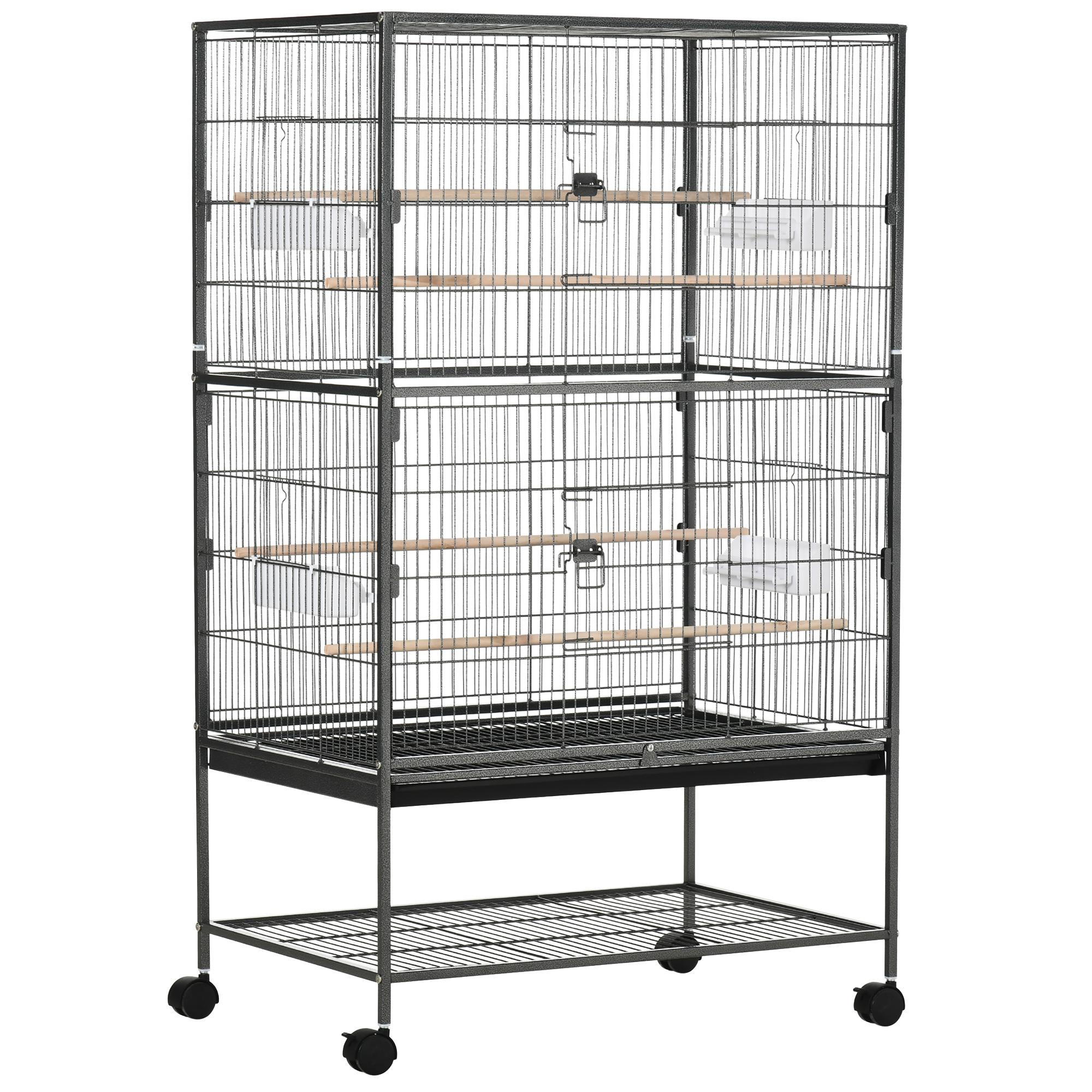 Gaiola para Pássaros com Rodas Bandeja Amovível 4 Portas 4 Comedouros e Prateleira de Armazenamento 78x52x132cm Cinza