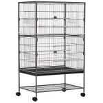 Gaiola para Pássaros com Rodas Bandeja Amovível 4 Portas 4 Comedouros e Prateleira de Armazenamento 78x52x132cm Cinza
