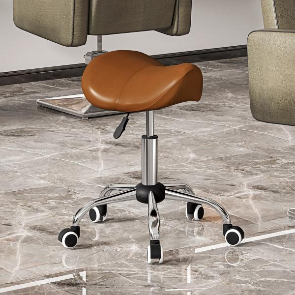 Banco Giratório com Rodas e Altura Ajustável para Estética, Dentista e Cabeleireiro – 52x53x49 - 61 cm, Castanho