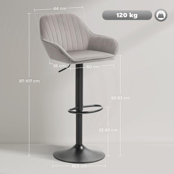 Conjunto de 2 Bancos de Bar Giratórios em Veludo, Altura Ajustável 62 - 83 cm, com Encosto e Apoio para os Pés, Cinzento