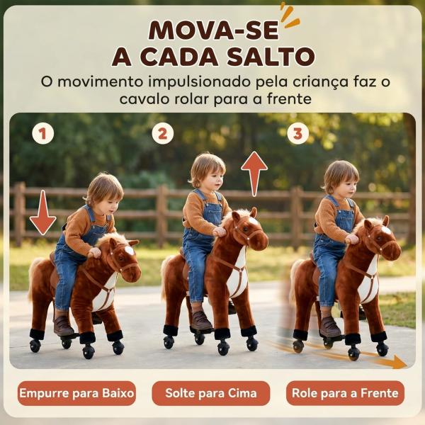 Cavalo de Brinquedo para Crianças de +3 Anos com Rodas Sons e Estrutura de Metal Carga 60kg 65x28x75 cm Castanho