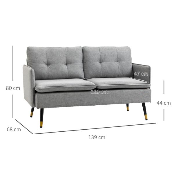 Sofá de 2 Lugares Moderno Estofado em Poliéster com 4 Almofadas Apoio para os Braços e Pés de Aço 139x68x80 cm Cinza