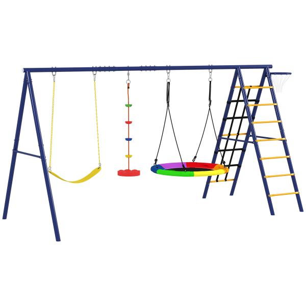 Conjunto de Baloiços 6 em 1 para Crianças com Ninho Escada Rede de Escalada Cesto 350x183x200 cm Multicolor