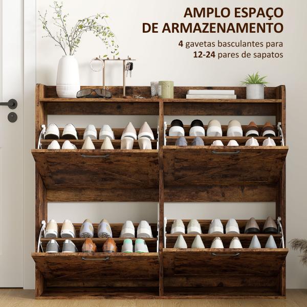 Sapateira de 4 Portas com Prateleiras Ajustáveis Estilo Industrial para 24 Pares de Sapatos 120x24x103 cm Castanho Rústico