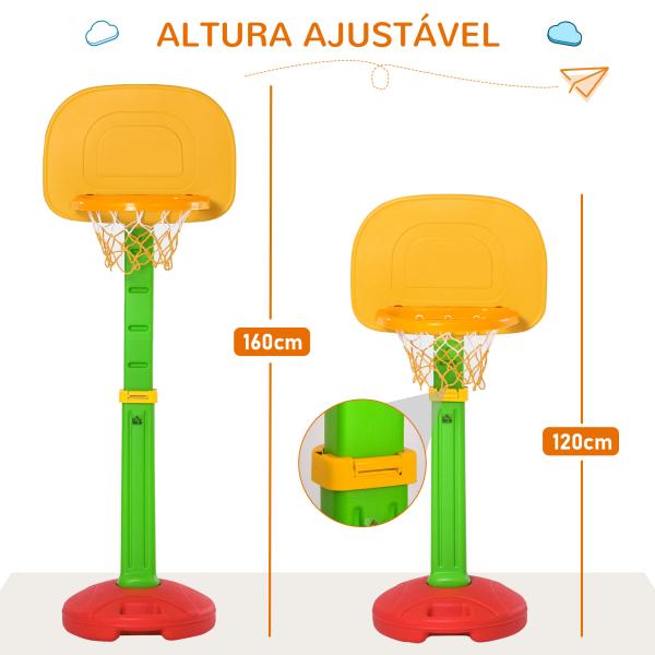 Tabela de Basquetebol Infantil para Crianças acima de 3 anos Altura Ajustável 2 Bolas e Inflador 52,5x44x120 - 160cm Amarelo Verde Vermelho