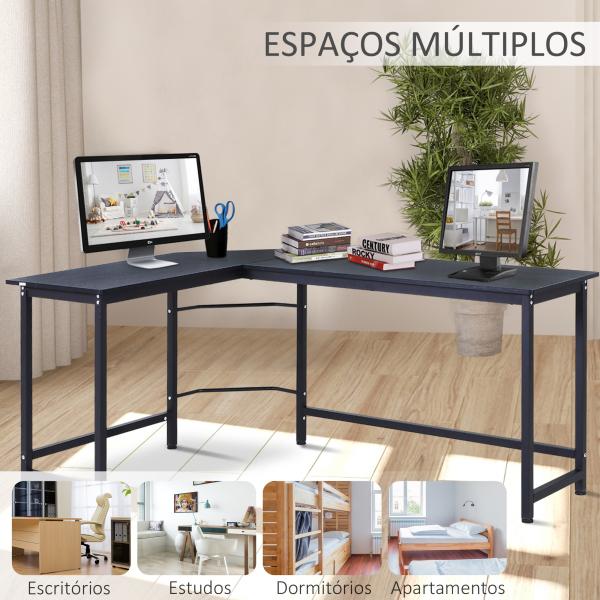 Secretária de Canto Mesa de Computador em Forma de L com Estrutura de Aço 168x120x75cm Preto