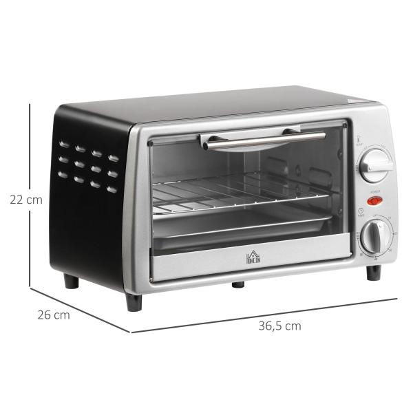Mini Forno Elétrico de 10 Litros 750W com Temperatura até 230 °C Temporizador 60 Minutos Bandeja e Grade 36,5x26x22cm Preto e Prata