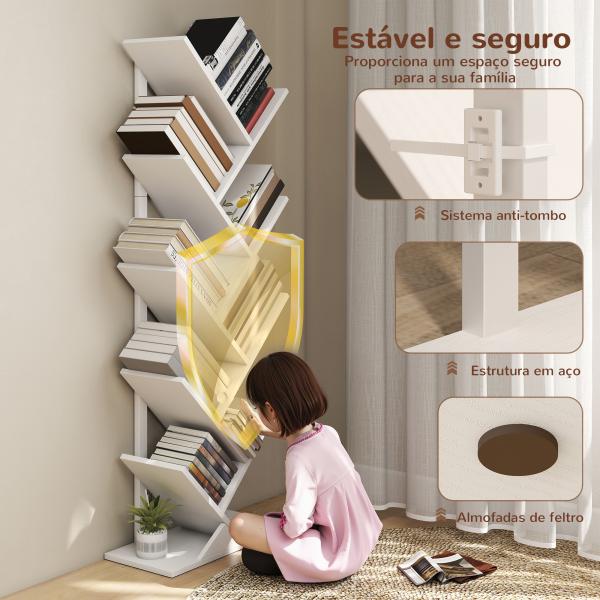 Estante em Forma de Árvore de 9 Níveis Estante de Livros com 9 Prateleiras e Estrutura de Aço 50x24x136 cm Branco