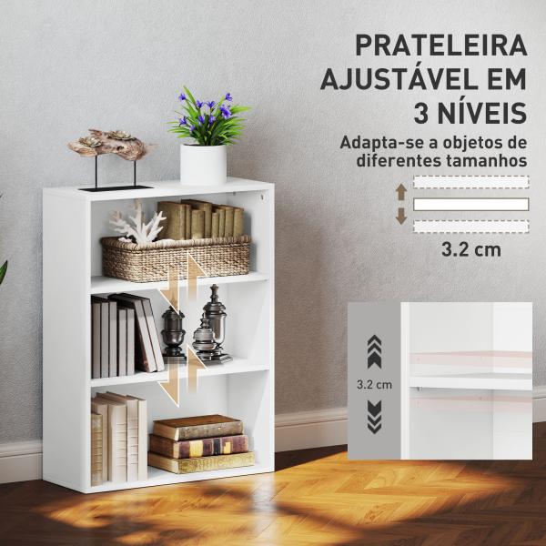Estante de 3 Níveis Estante para Livros com 2 Prateleiras Ajustáveis para Sala de Estar Escritório Quarto 60x24x80 cm Branco