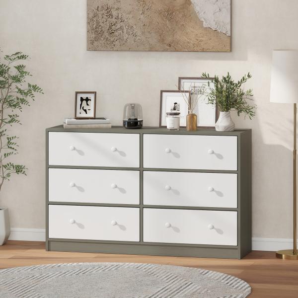 Cómoda com 6 Gavetas de Tecido Cómoda para Quarto Estrutura de Aço e MDF 114x30x70 cm Branco e Cinza