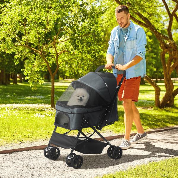 Carrinho para Animais de Estimação Dobrável Carro para Cães e Gatos com Capô Ajustável Cesta de Armazenamento Cinto de Segurança Tecido Oxford 600D Aço 76,5x52x95cm Cinza