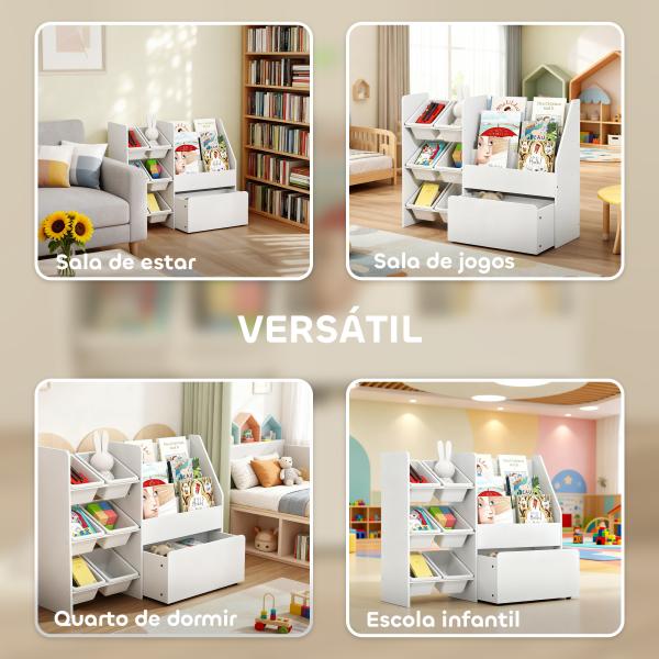 Estante Infantil para Brinquedos com 6 Caixas Removíveis 3 Prateleiras Abertas e Gaveta Inferior com Rodas 100x30x80 cm Branco