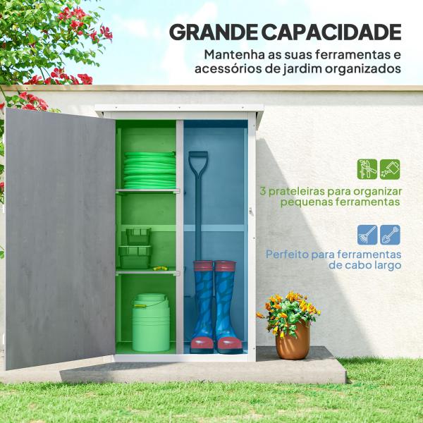 Armário de Jardim de Madeira 75x56x115cm para Ferramentas com 3 Prateleiras Interiores Porta com Trava e Teto Asfáltico Cinza