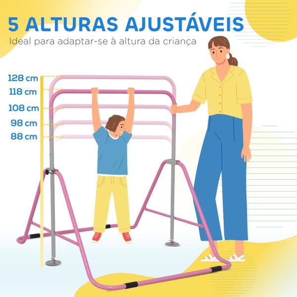 Barra de Ginástica para Crianças Dobrável com Altura Ajustável para Treino em Casa 154x106,2x88,5 - 128,5 cm Rosa