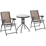 Conjunto de Mesa e 2 Cadeiras Cadeira Dobrável Encosto Reclináveis a 4 Níveis Armação de Aço Marrom