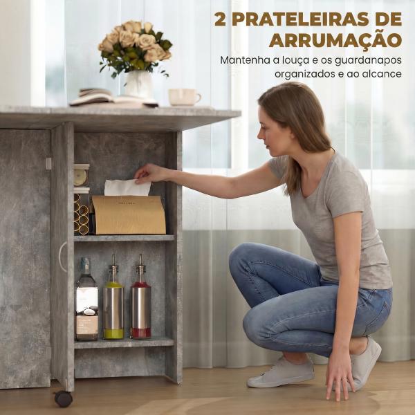 Mesa de Sala de Jantar Dobrável com 2 Prateleiras de Armazenamento e Rodas para Cozinha 75x140x74 cm Cinza