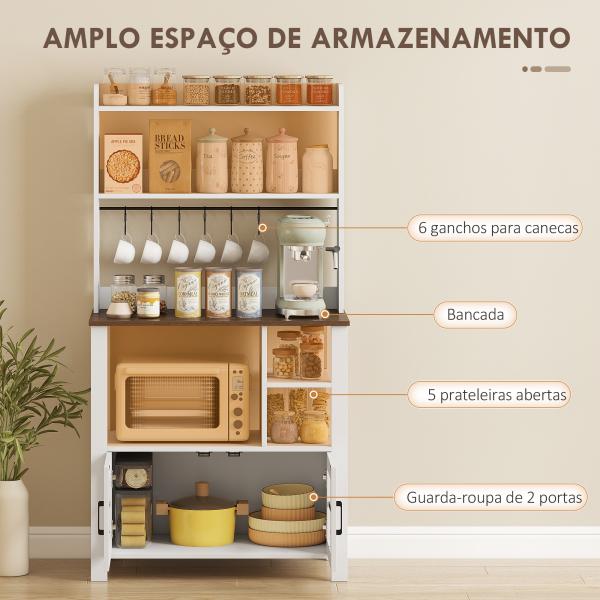 Armário de Cozinha Alto Móvel Auxiliar de Cozinha com 6 Ganchos para Chávenas 2 Portas de Vidro Prateleiras Abertas 80x40x152 cm Branco